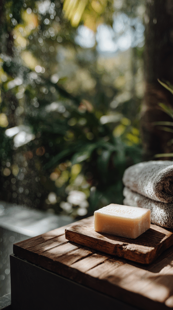 Bar of soap on wooden tray with blurred leafy background, sunlight filtering through foliage, serene spa vibe.