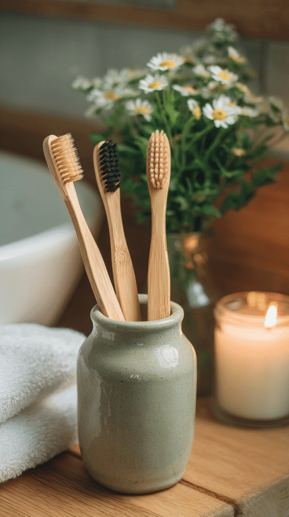 Eco-friendly bamboo toothbrushes in ceramic holder with flowers and candle in background.