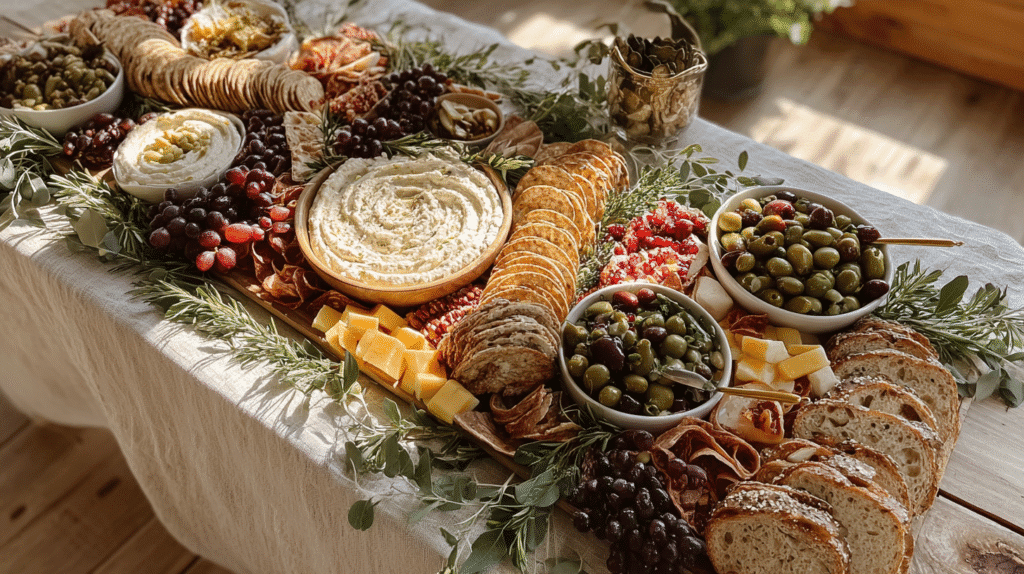 Elegant charcuterie board with olives, cheese, grapes, crackers, and bread on a rustic table.