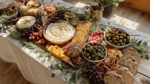 Elegant charcuterie board with olives, cheese, grapes, crackers, and bread on a rustic table.