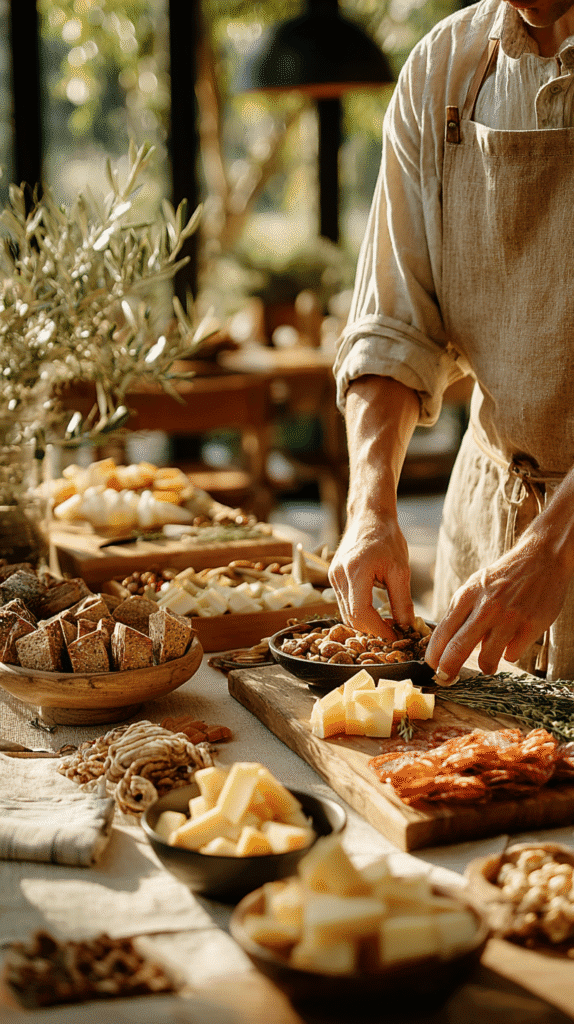 holiday-graze-table-assembly Person preparing rustic cheese platter with assorted nuts and meats on wooden table, surrounded by natural sunlight.
