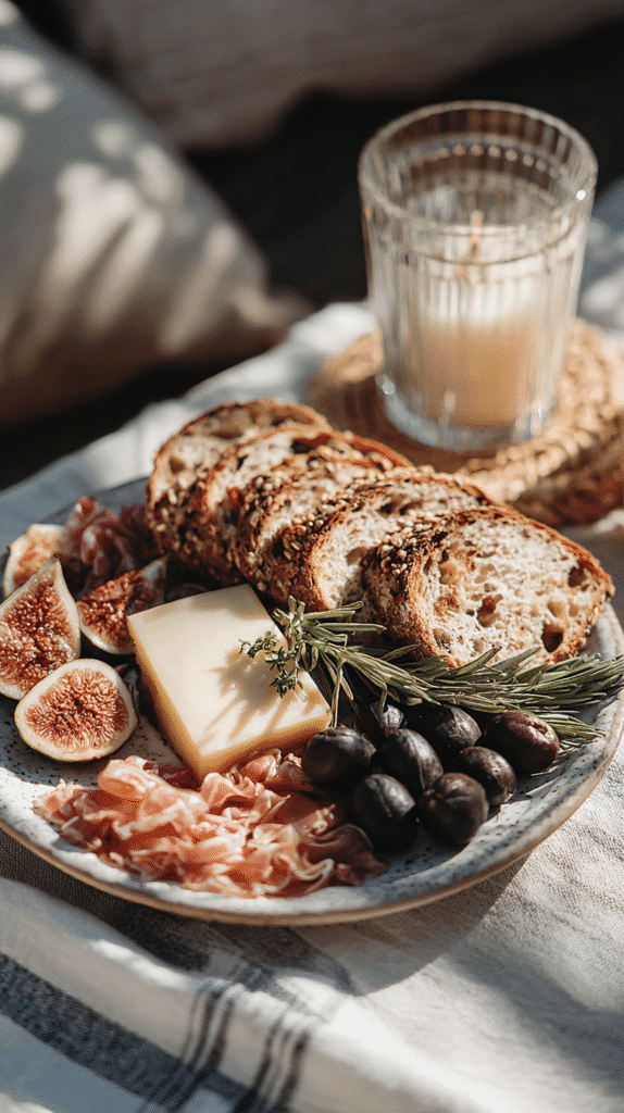 holiday-graze-table-plate Rustic charcuterie board with figs, cheese, cured meats, olives, and bread on a sunny table setting.