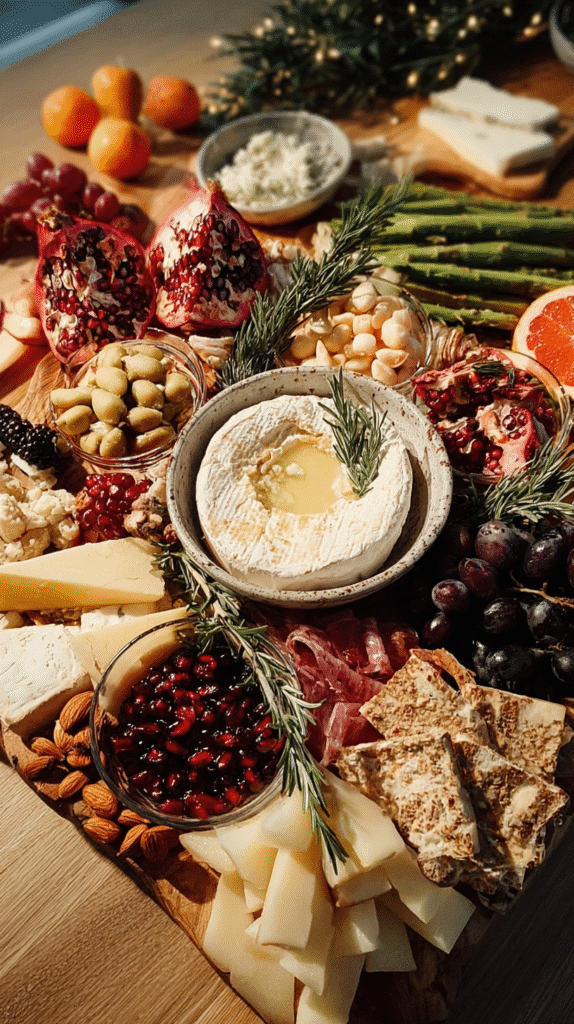 holiday-graze-table-table Festive charcuterie board with cheese, fruits, nuts, and meats. Perfect for holiday gatherings and entertaining.