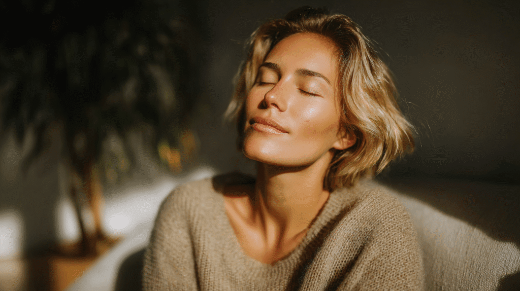 Woman enjoying sunlight indoors with eyes closed, relaxed and content.