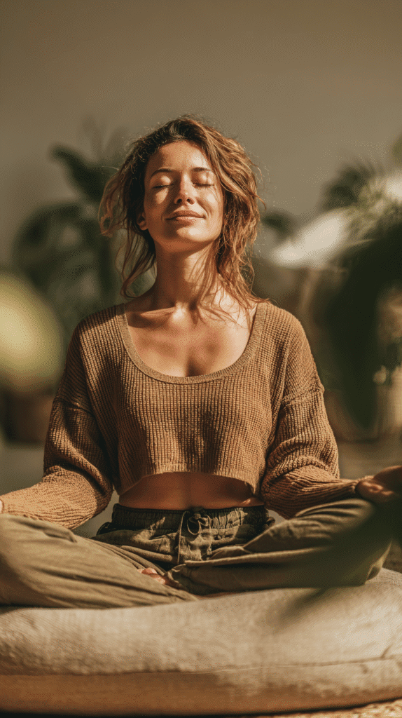 Woman meditating in a cozy room, practicing mindfulness and relaxation.