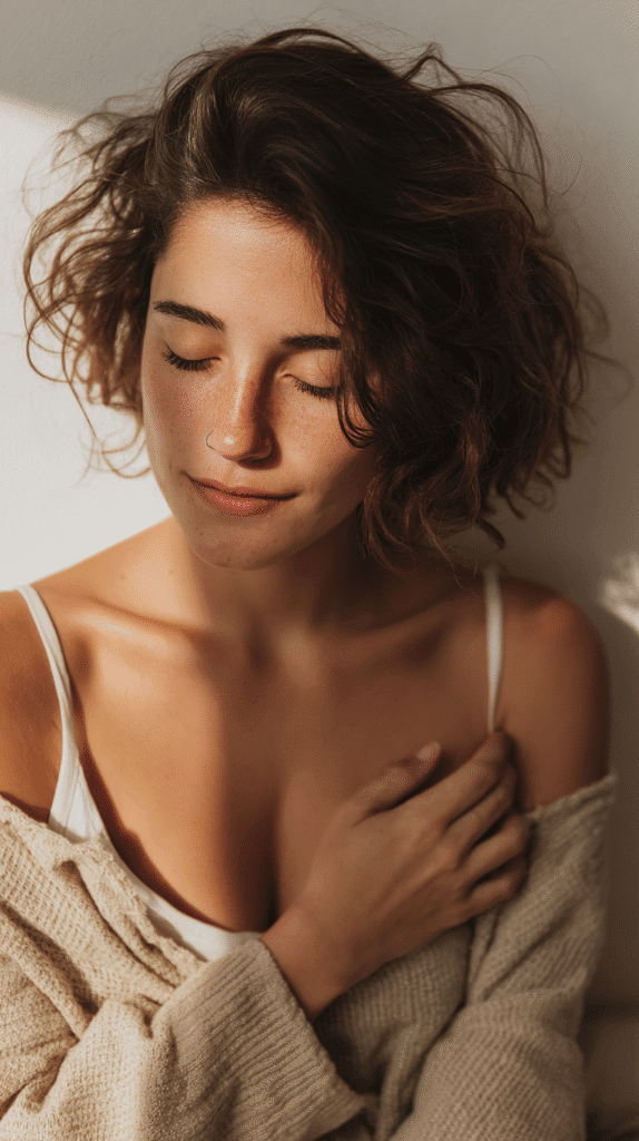 Young woman in cozy sweater, eyes closed, enjoying peaceful sunlight.