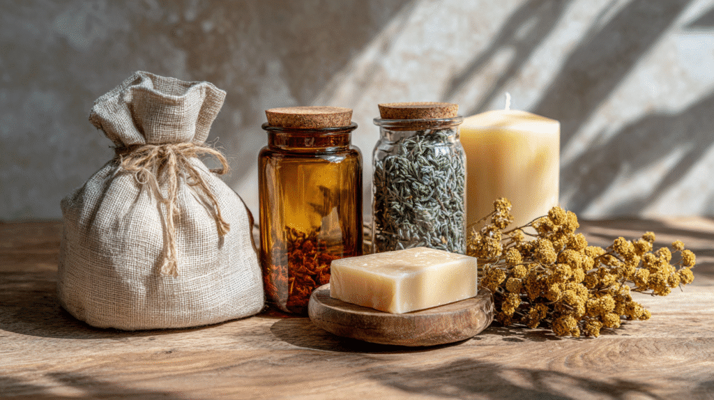 Herbal ingredients and handmade soap with dried flowers on rustic wooden table, natural wellness products.