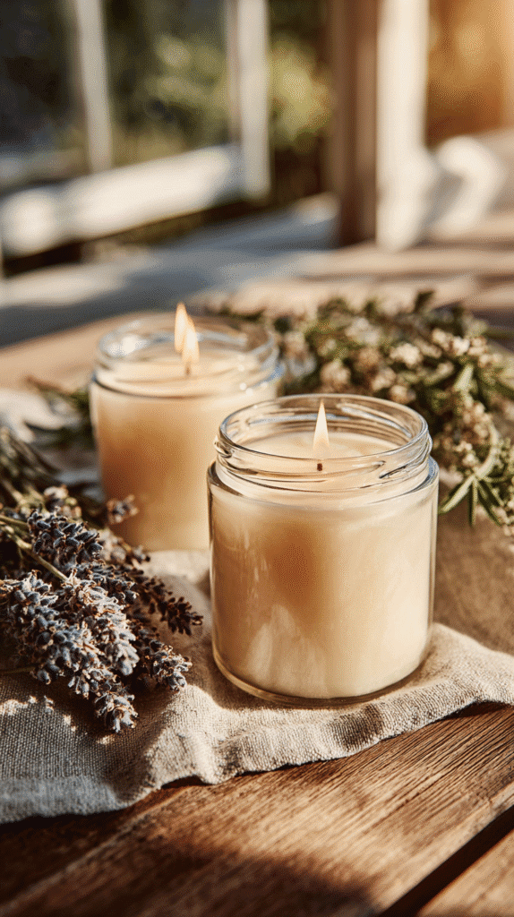Two lit candles in glass jars with lavender on a wooden table, creating a cozy and aromatic ambiance.