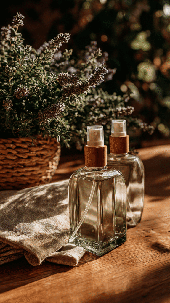 Glass spray bottles with wooden accents on a wooden table next to a lavender plant in a rustic woven basket.