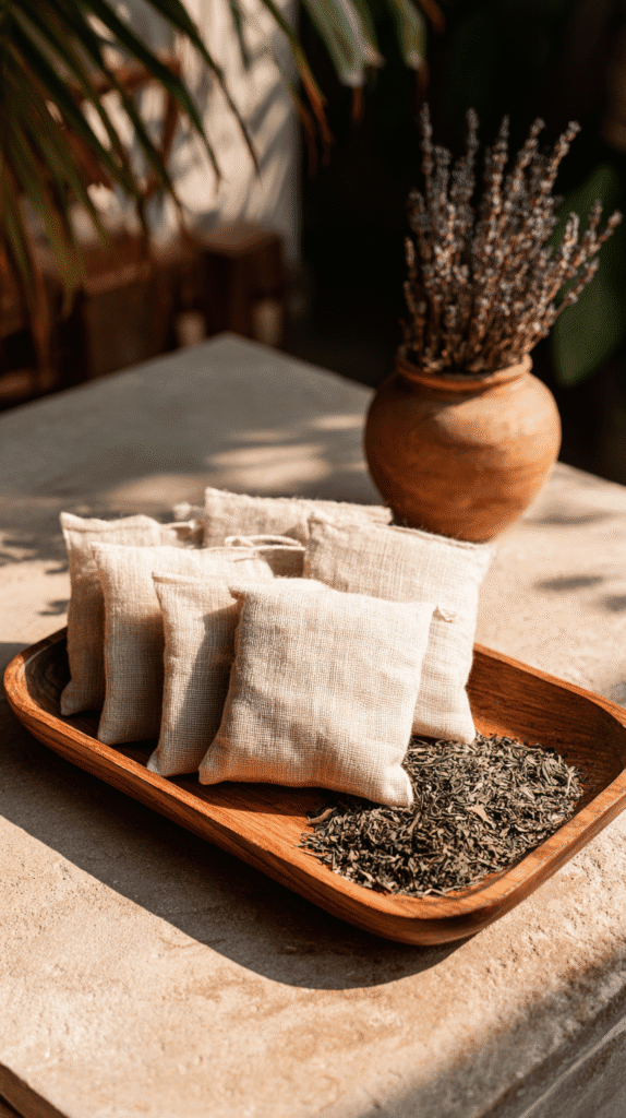 Herbal tea sachets and loose leaves on a wooden tray, with dried lavender in clay pot, natural sunlight.