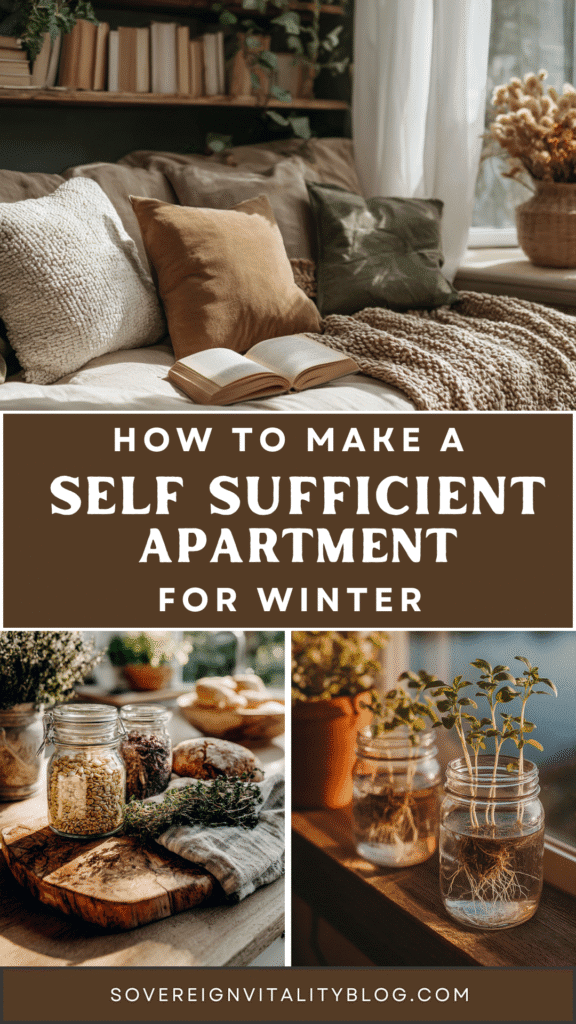 self-sufficient-apartment-winter Cozy apartment with plants and jars, preparing for a self-sufficient winter lifestyle.