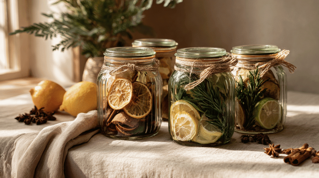Glass jars filled with dried citrus slices and herbs on a sunlit table, surrounded by fresh lemons and spices.