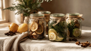 Glass jars filled with dried citrus slices and herbs on a sunlit table, surrounded by fresh lemons and spices.