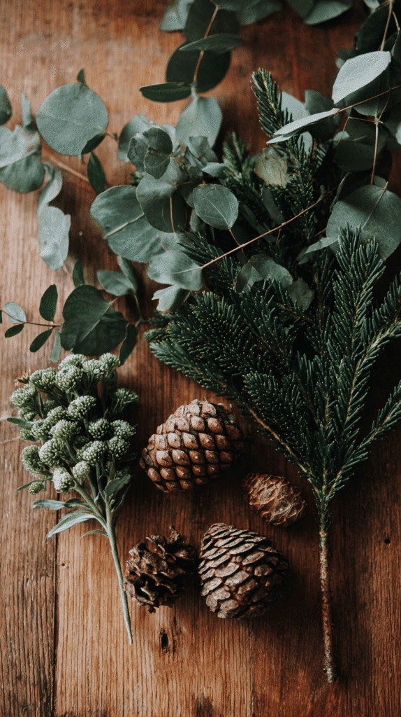 simmer-pot-gifts-cedorwood Eucalyptus, pine branches, and pinecones on rustic wooden surface, perfect for natural decor or holiday inspiration.