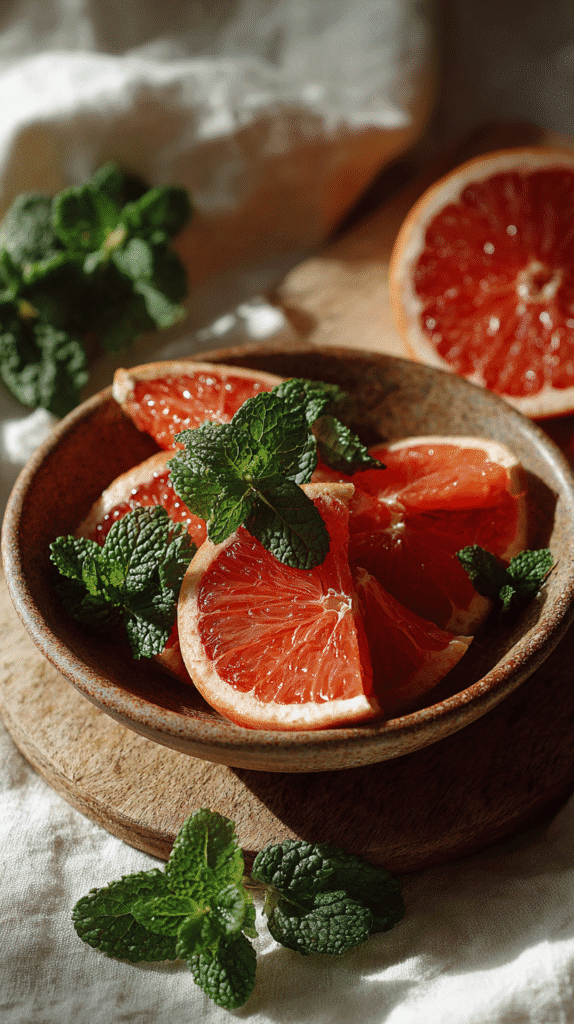simmer-pot-gifts-grapefruit Fresh grapefruit slices with mint leaves in a rustic bowl, perfect for a healthy, refreshing snack or dessert.