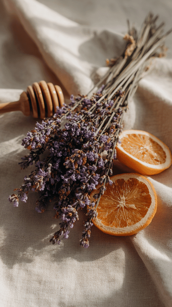 simmer-pot-gifts-orange-lavender-honey Bouquet of lavender and dried orange slices with a honey dipper on linen fabric in soft sunlight.