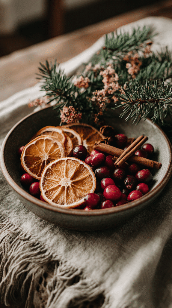 simmer-pot-gifts-oranges-cranberries Bowl with dried oranges, cranberries, and cinnamon sticks, garnished with pine branches for a festive display.
