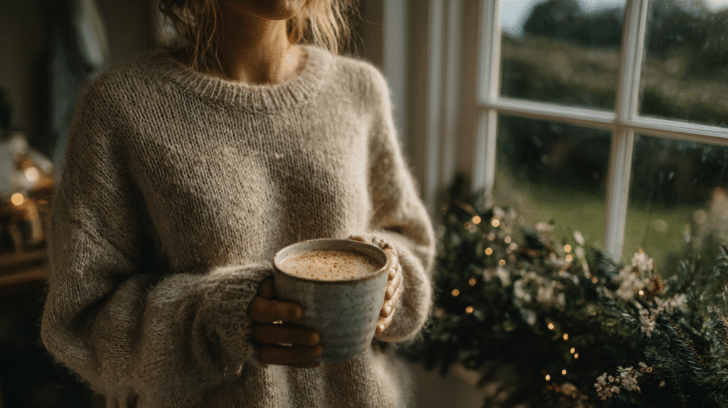 Cozy scene: Woman holding latte by decorated window. Winter sweater, festive atmosphere, warm holiday vibes.