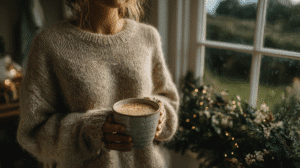 Cozy scene: Woman holding latte by decorated window. Winter sweater, festive atmosphere, warm holiday vibes.
