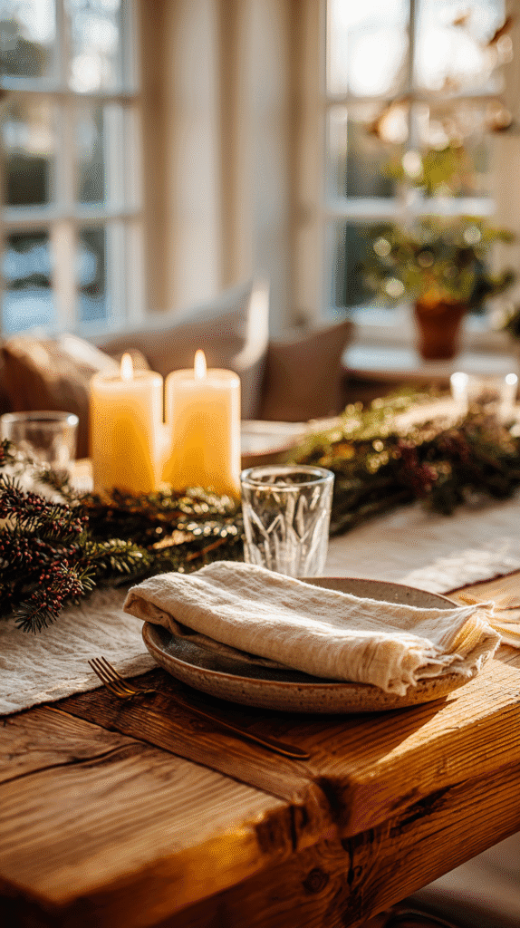Cozy rustic dining table set with candles, soft linens, and greenery, drenched in warm natural light from a window.