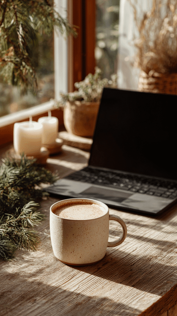 Cozy workspace by window with coffee, laptop, candles, and plants, bathed in warm sunlight.