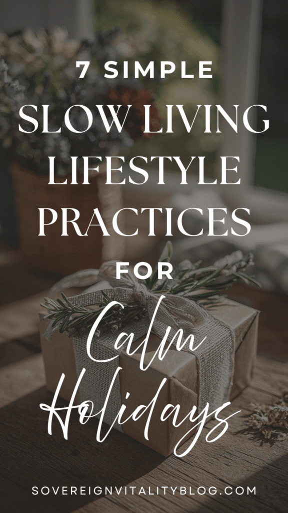 7 simple slow living practices for a calm holiday, wrapped gift with rosemary on a wooden table