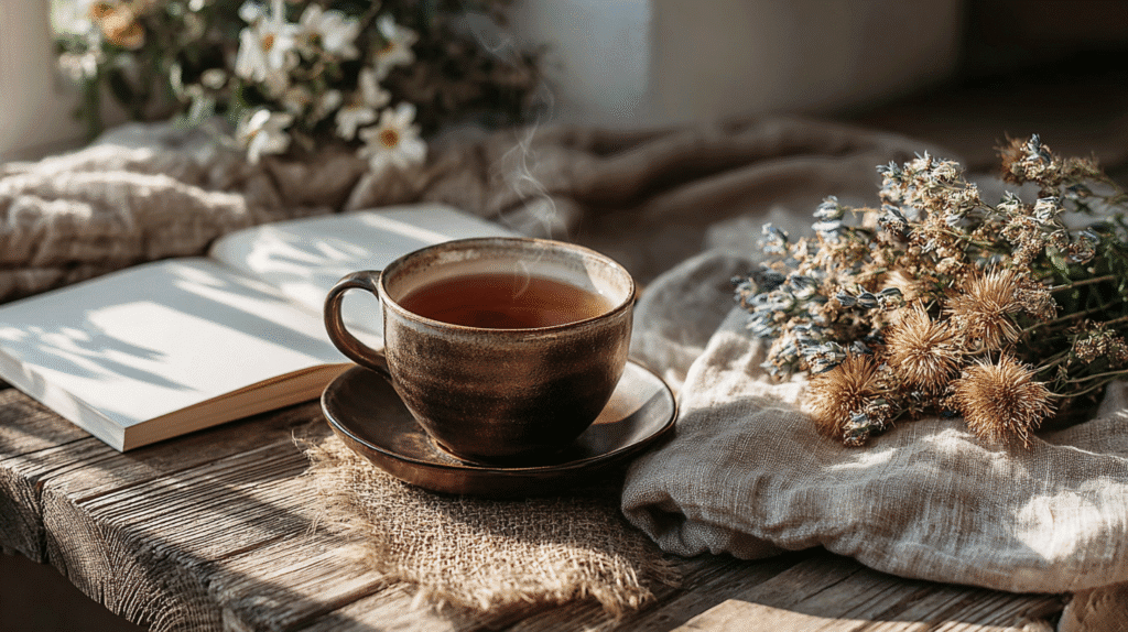 Cozy scene with steaming tea cup, open book, and wildflowers on rustic table in sunlight. Relaxation and tranquility.
