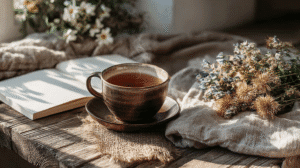 Cozy scene with steaming tea cup, open book, and wildflowers on rustic table in sunlight. Relaxation and tranquility.