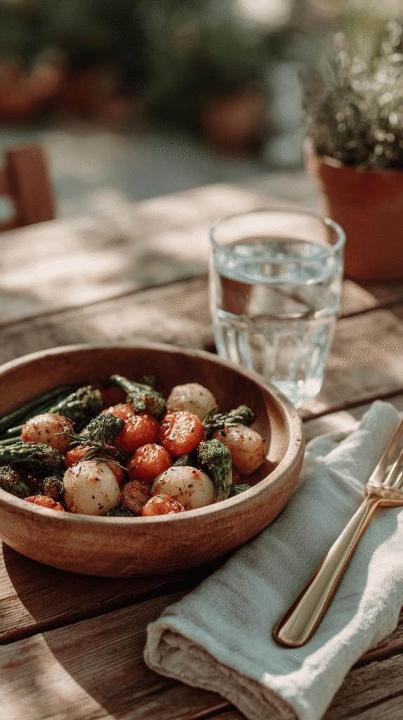 slow-living-routine-eating Fresh vegetable salad in wooden bowl with glass of water on sunny outdoor table.