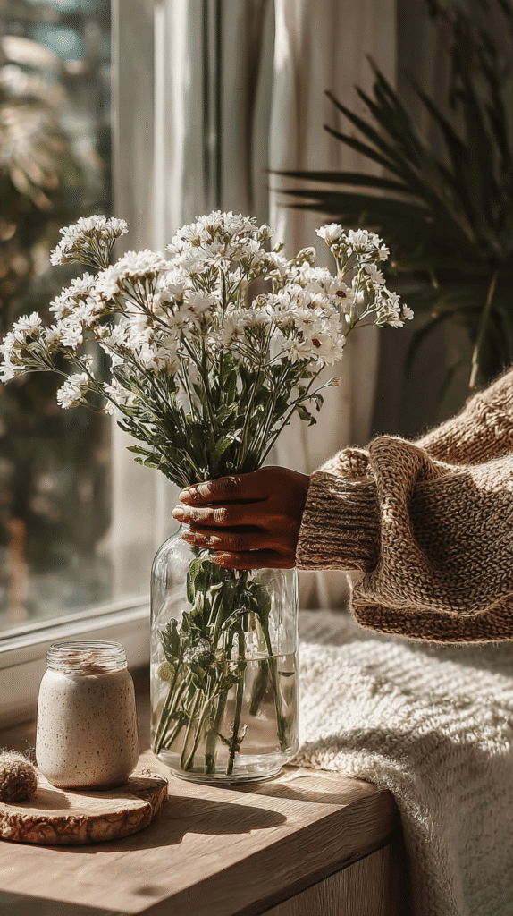 slow-living-routine-flowers Hand arranging white wildflowers in a glass jar on a cozy windowsill with sunlight streaming through the window.