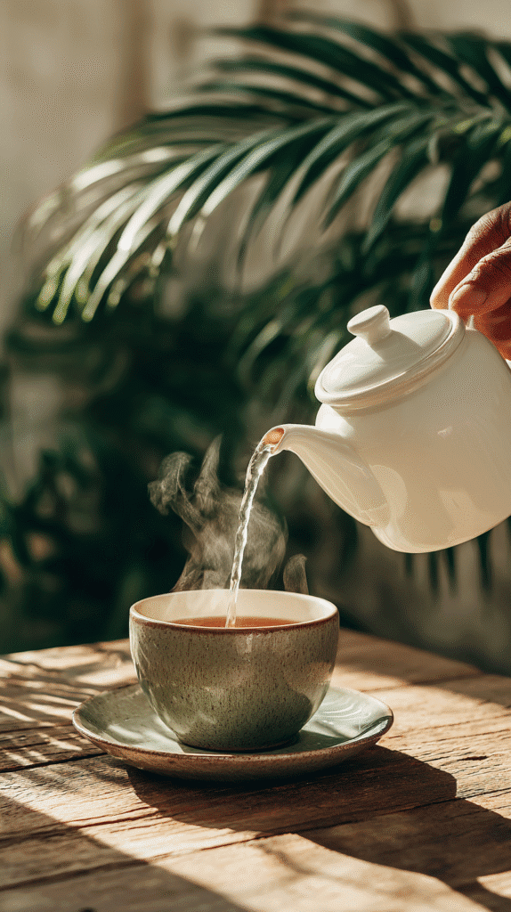 slow-living-routine-tea Pouring hot tea from a white teapot into a green cup on a wooden table, surrounded by lush greenery.