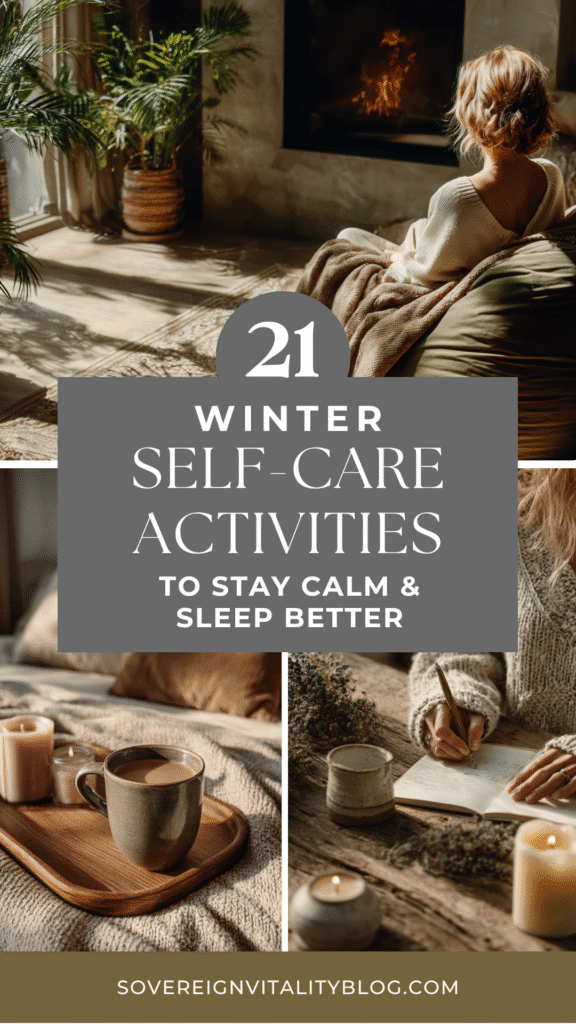 winter-self-care-activities Cozy winter scene with self-care tips, warm drinks, and candles for relaxation and better sleep.