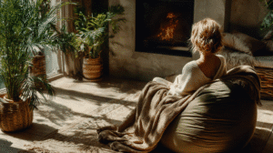 Cozy living room scene with person wrapped in blanket sitting on beanbag by a fireplace, surrounded by indoor plants.
