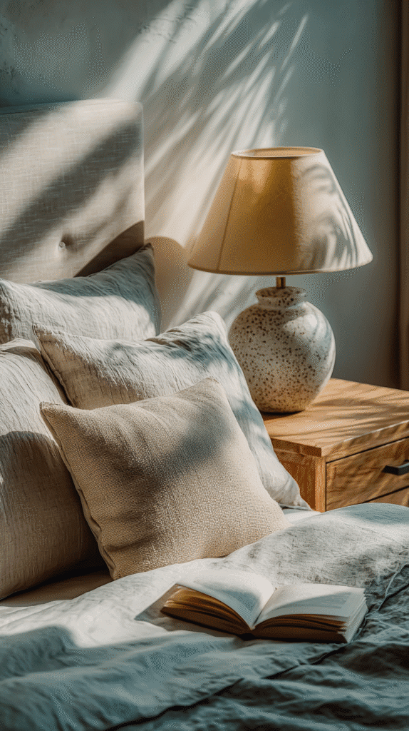 winter-self-care-activities-sleep Cozy bedroom scene with pillows, open book, and a lamp on a wooden nightstand illuminated by natural light.