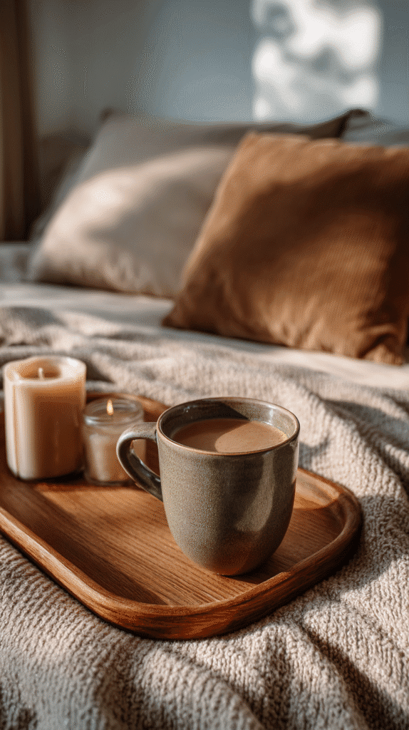 winter-self-care-activities-warm Cozy bedroom scene with a mug of coffee and candles on a wooden tray, soft blankets and pillows in warm light.