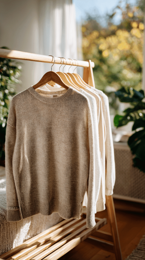 abundant-on-low-income-clothing Cozy sweaters hanging on a wooden rack in a sunlit room with plants.