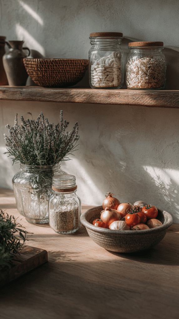 abundant-on-low-income-pantry Jars of pasta and grains on wooden shelf, with fresh onions and tomatoes on the countertop, sunlight streaming in.