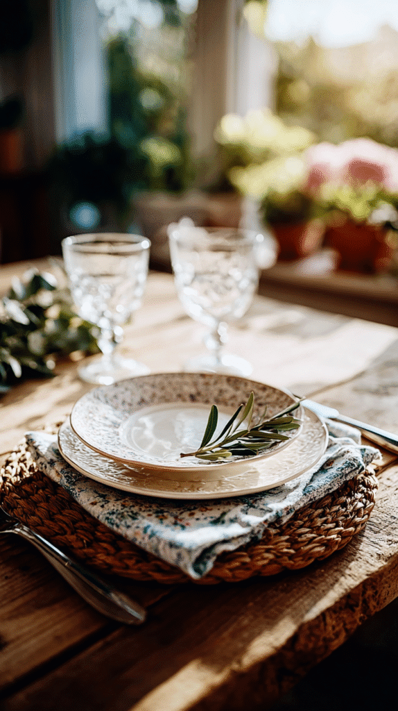 holistic-holiday-swaps-dishes Elegant rustic table setting with layered plates, napkin, and greenery, perfect for a cozy dining experience.
