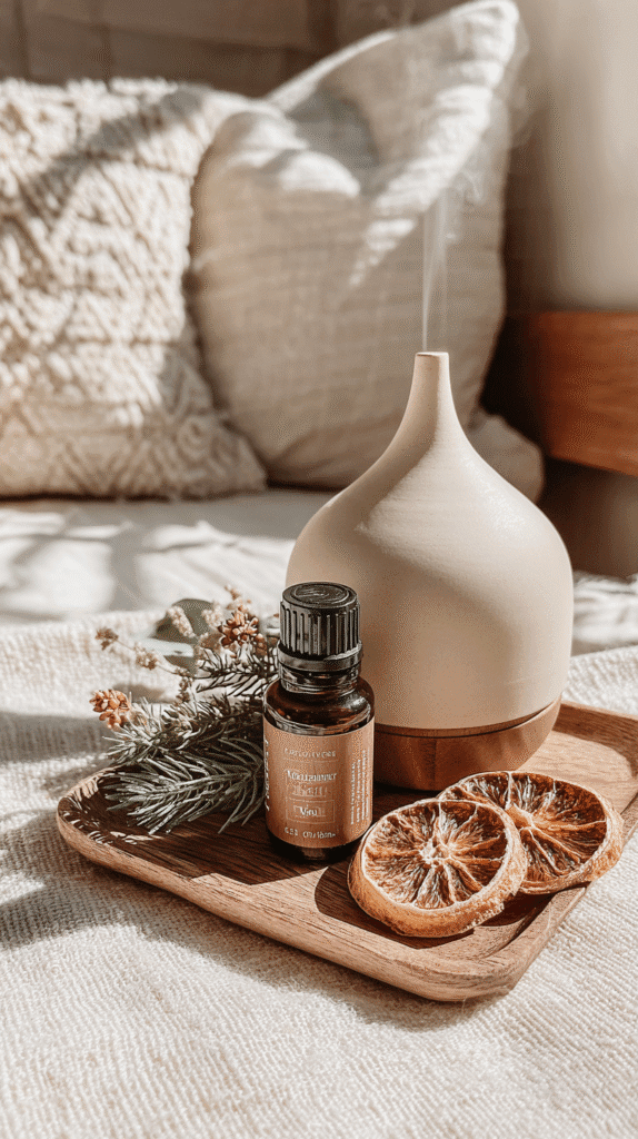holistic-holiday-swaps-essential-oils Ceramic diffuser with essential oil bottle, dried oranges, and greenery on a wooden tray for cozy home ambiance.