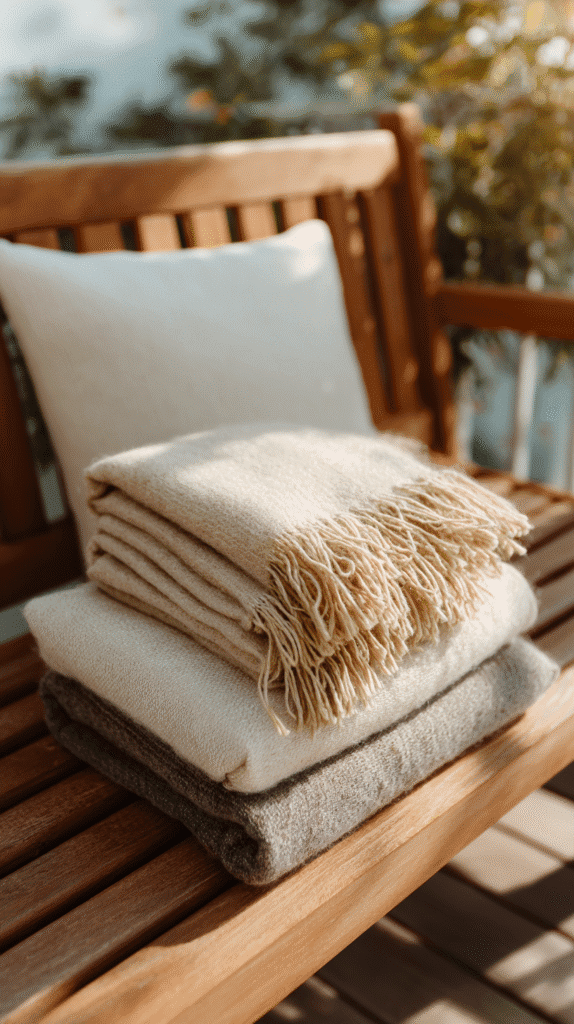 holistic-holiday-swaps-natural-textiles Cozy beige and gray blankets stacked on a wooden bench with a cushion, basking in warm sunlight.