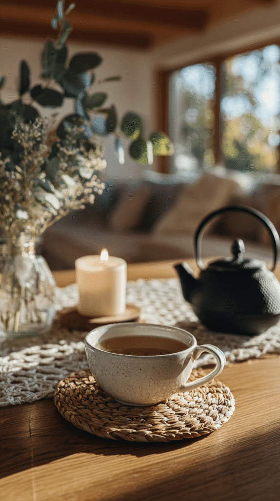 holistic-holiday-swaps-teaset Cozy scene with a cup of tea, candle, and teapot on a wooden table, surrounded by soft natural light.