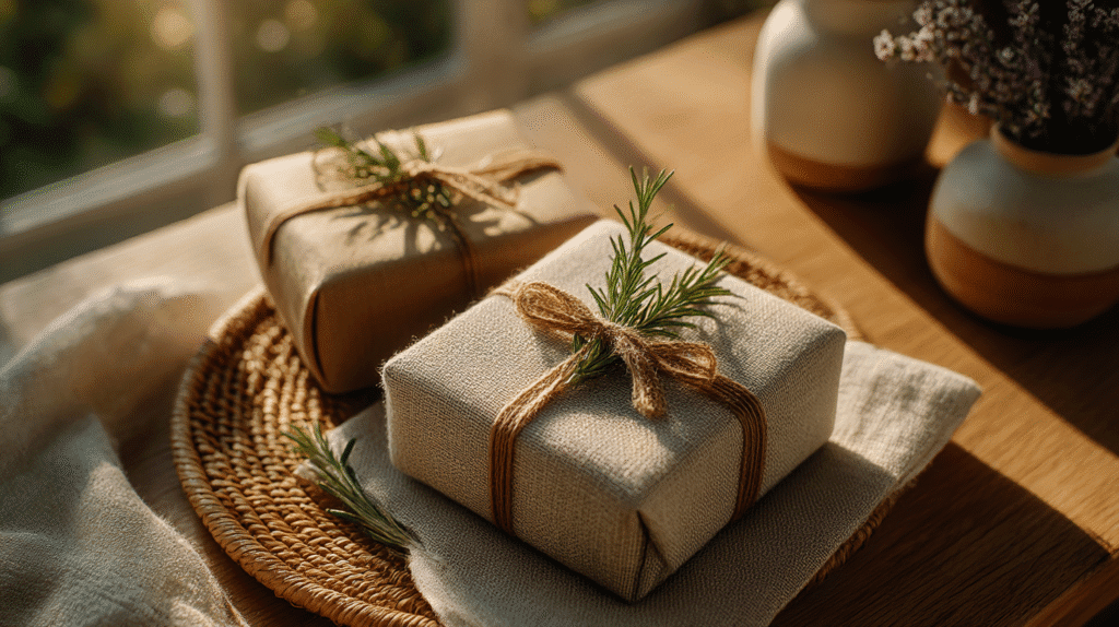 Eco-friendly gift boxes wrapped in linen and twine with rosemary sprigs, on a woven tray in warm sunlight.