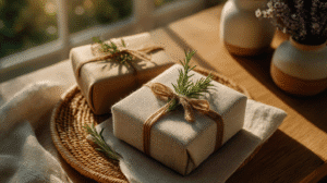 Eco-friendly gift boxes wrapped in linen and twine with rosemary sprigs, on a woven tray in warm sunlight.