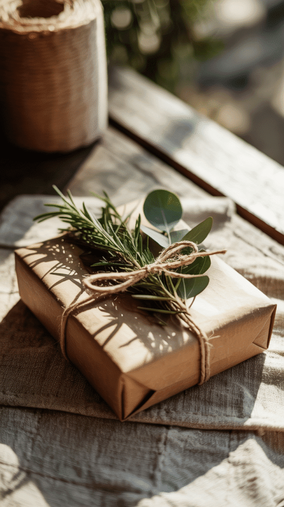 natural-gift-wrapping-ideas-herbs-leaves Eco-friendly gift wrapped in brown paper with twine and greenery, sunlight casting shadows on a textured surface.