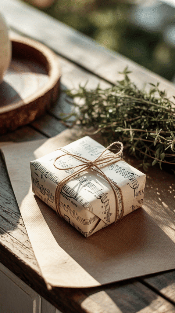natural-gift-wrapping-ideas-music-sheets Gift wrapped in sheet music paper with twine bow on a rustic wooden table.