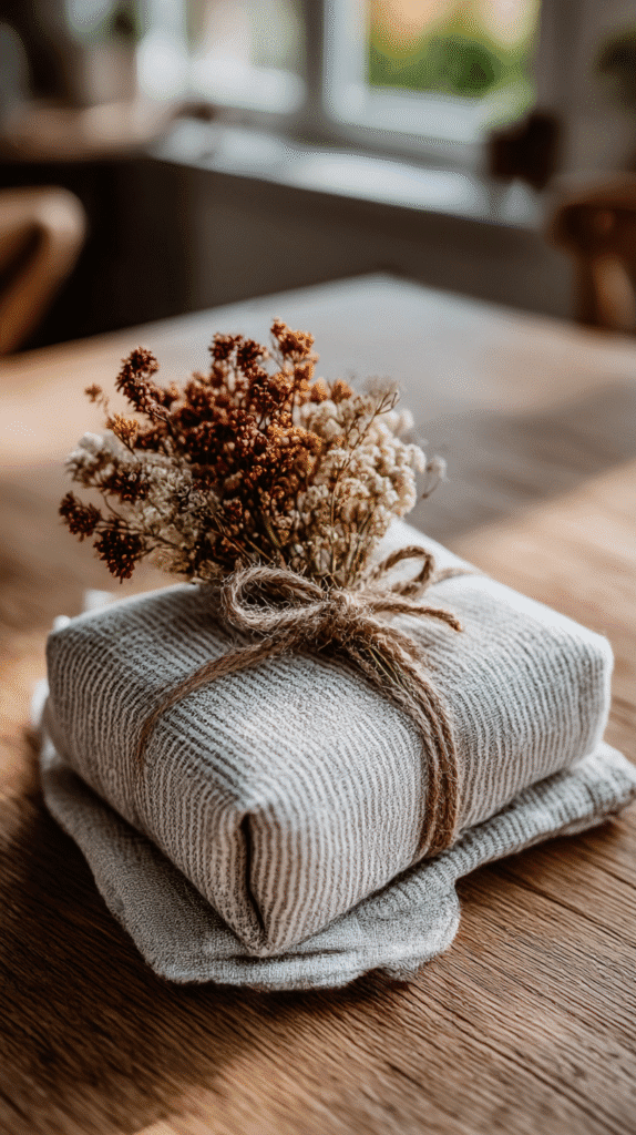 natural-gift-wrapping-ideas-printed-fabric Gift wrapped in eco-friendly fabric with dried flowers on rustic wooden table. Cozy and sustainable packaging.