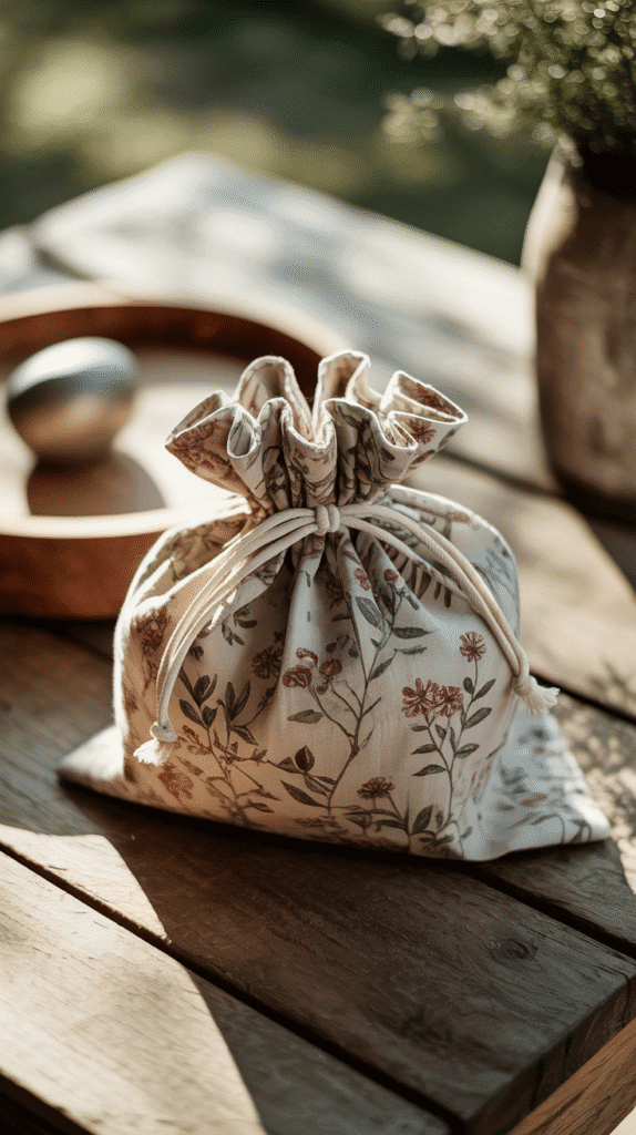 natural-gift-wrapping-ideas-reusable-sacks Floral drawstring bag on wooden table in sunlight, with blurred greenery in the background.