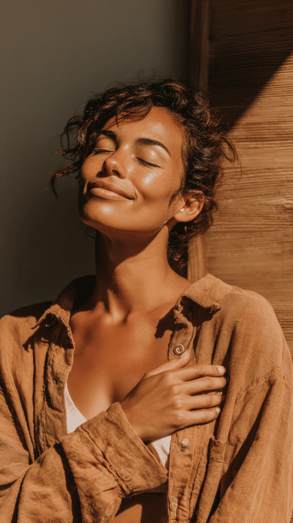 nervous-system-resilience Woman enjoying sunlight, eyes closed, in a brown shirt. Relaxation and serenity concept.