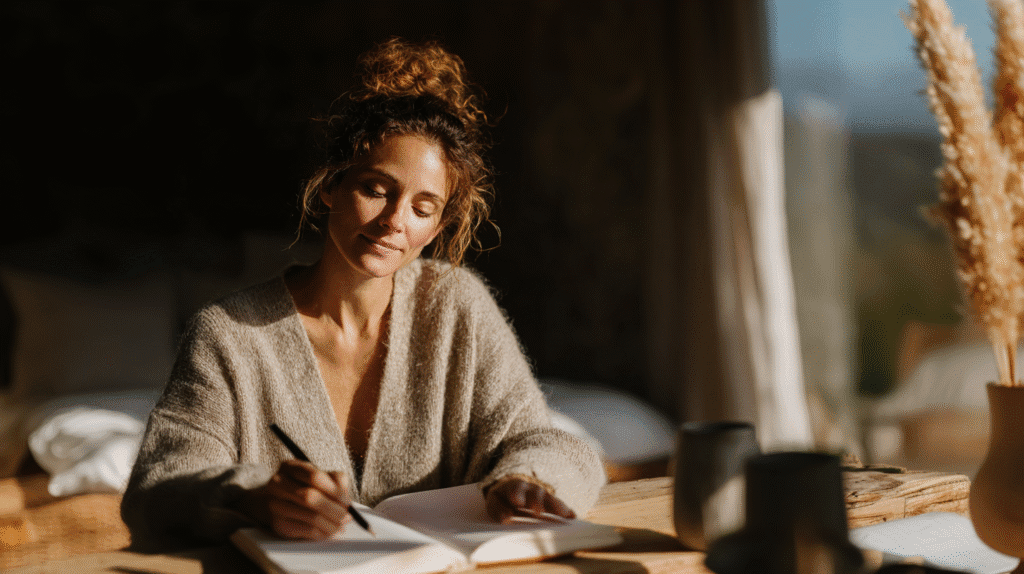 Woman enjoys peaceful journaling in cozy, sunlit room, wearing a soft sweater at a wooden table with plants.