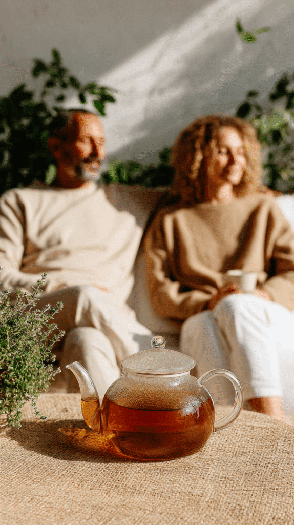nervous-system-resilience-connection Glass teapot with herbal tea on table, blurred couple sitting in background, surrounded by green plants.